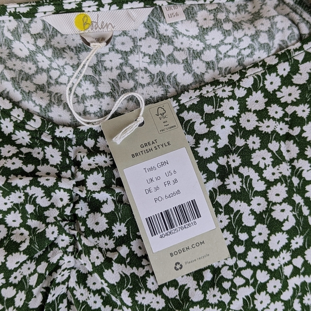 Boden Top Sweetheart Neckline Long Blouson Sleeve Tulip Sprig Print Green 6 NWT - Picture 13 of 14